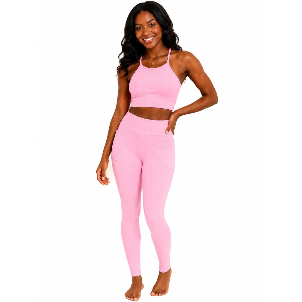 (B11) Odiva Pink Ribbed 2 Piece Legging Set Pockets High Waist L/XL NWT
